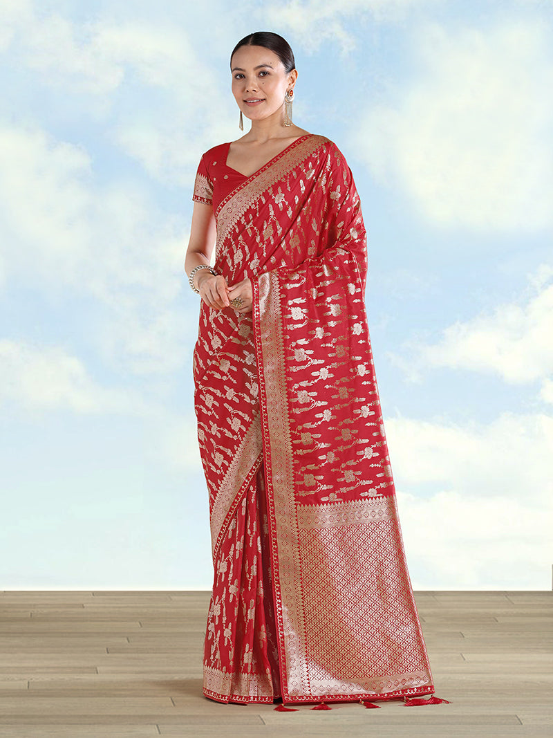 Red Banarasi Silk Zari Woven Saree - Monjolika Fashion