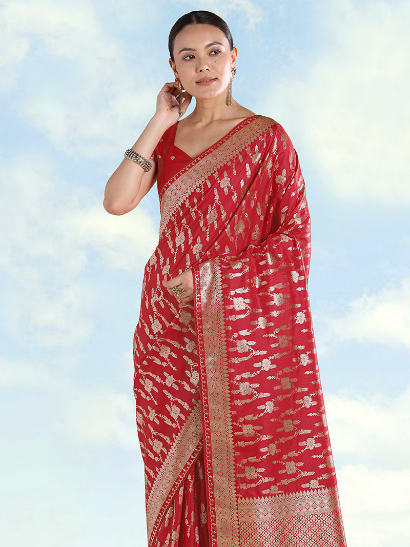Red Banarasi Silk Zari Woven Saree - Monjolika Fashion