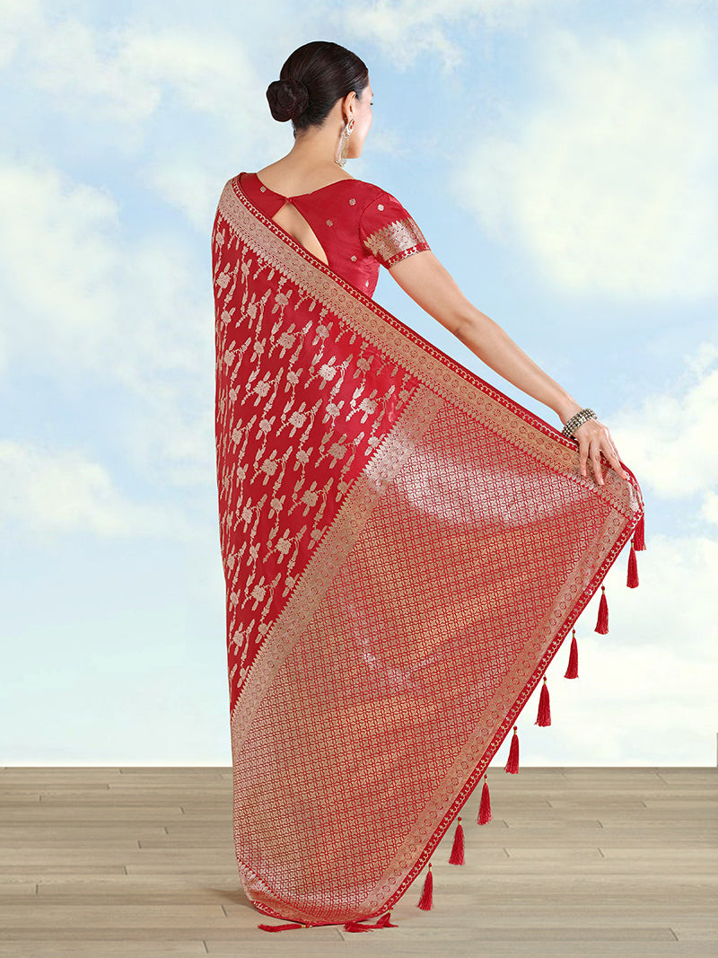 Red Banarasi Silk Zari Woven Saree - Monjolika Fashion