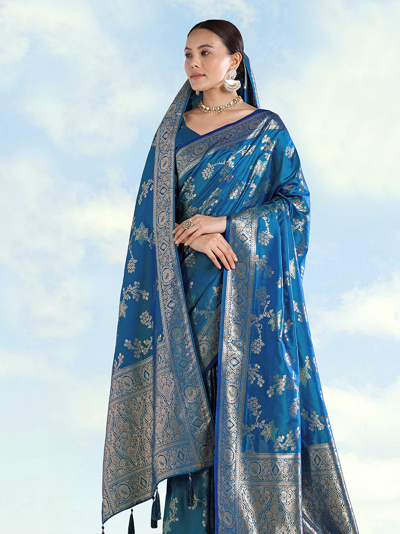 Teal blue Banarasi Silk Zari Woven Saree With Dupatta - Monjolika Fashion