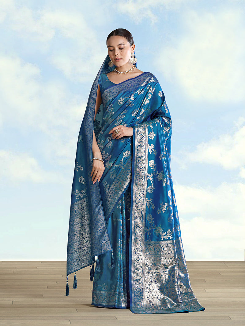 Teal blue Banarasi Silk Zari Woven Saree With Dupatta - Monjolika Fashion