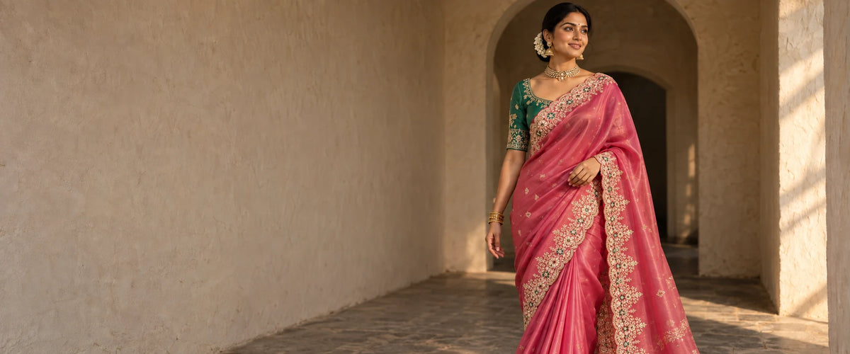 Woman in a pink embroidered saree with a teal blouse walking along a sunlit limewashed corridor