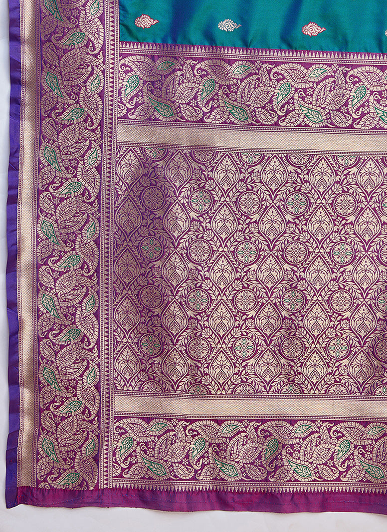 Teal Blue Banarasi Satin Silk Zari Woven Classic Saree - Monjolika Fashion