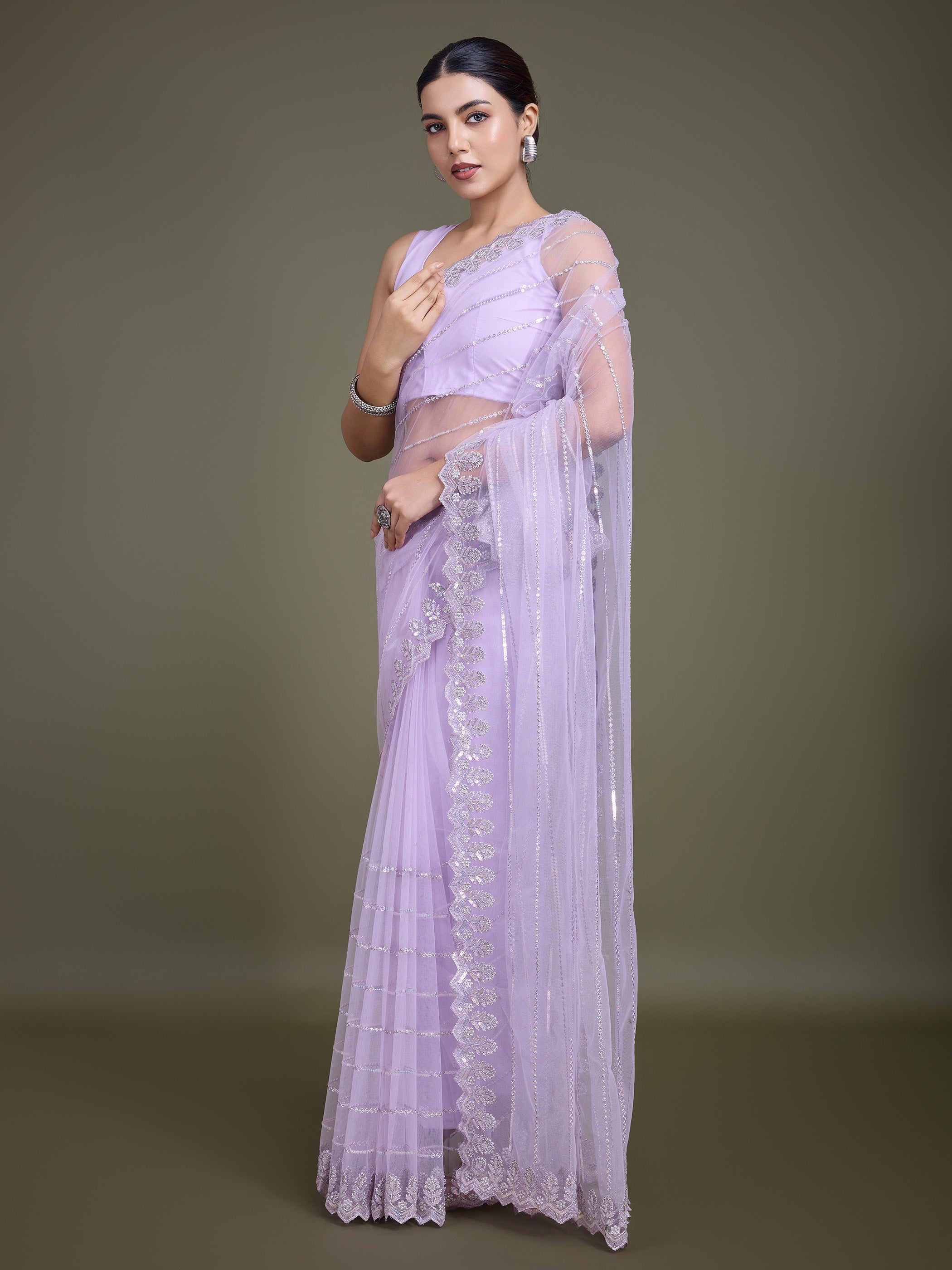 Lavender Soft Net Sequin Work Party Wear Saree