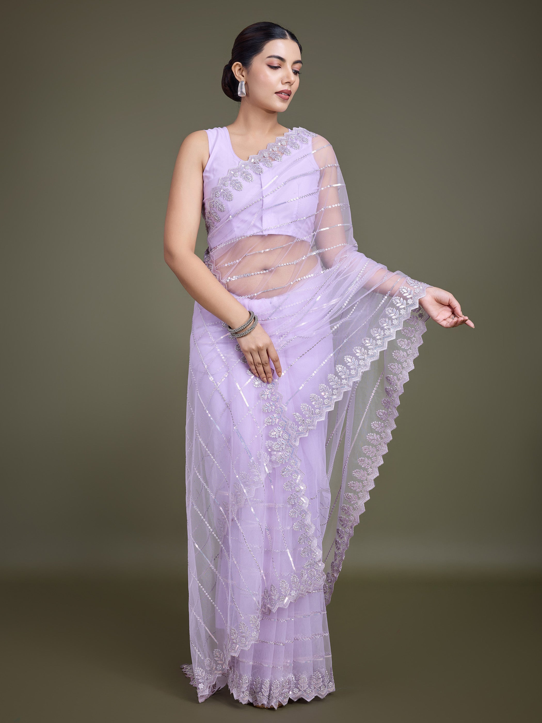 Lavender Soft Net Sequin Work Party Wear Saree