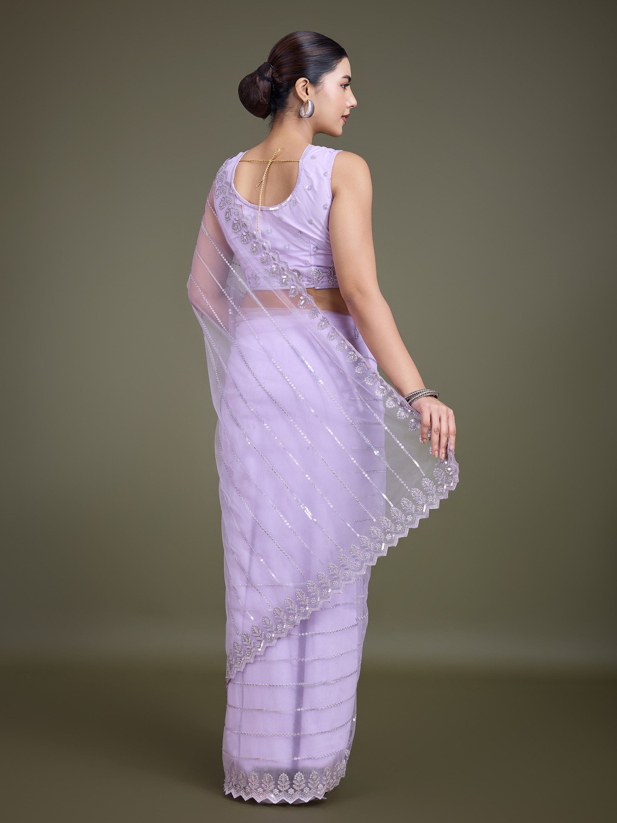 Lavender Soft Net Sequin Work Party Wear Saree