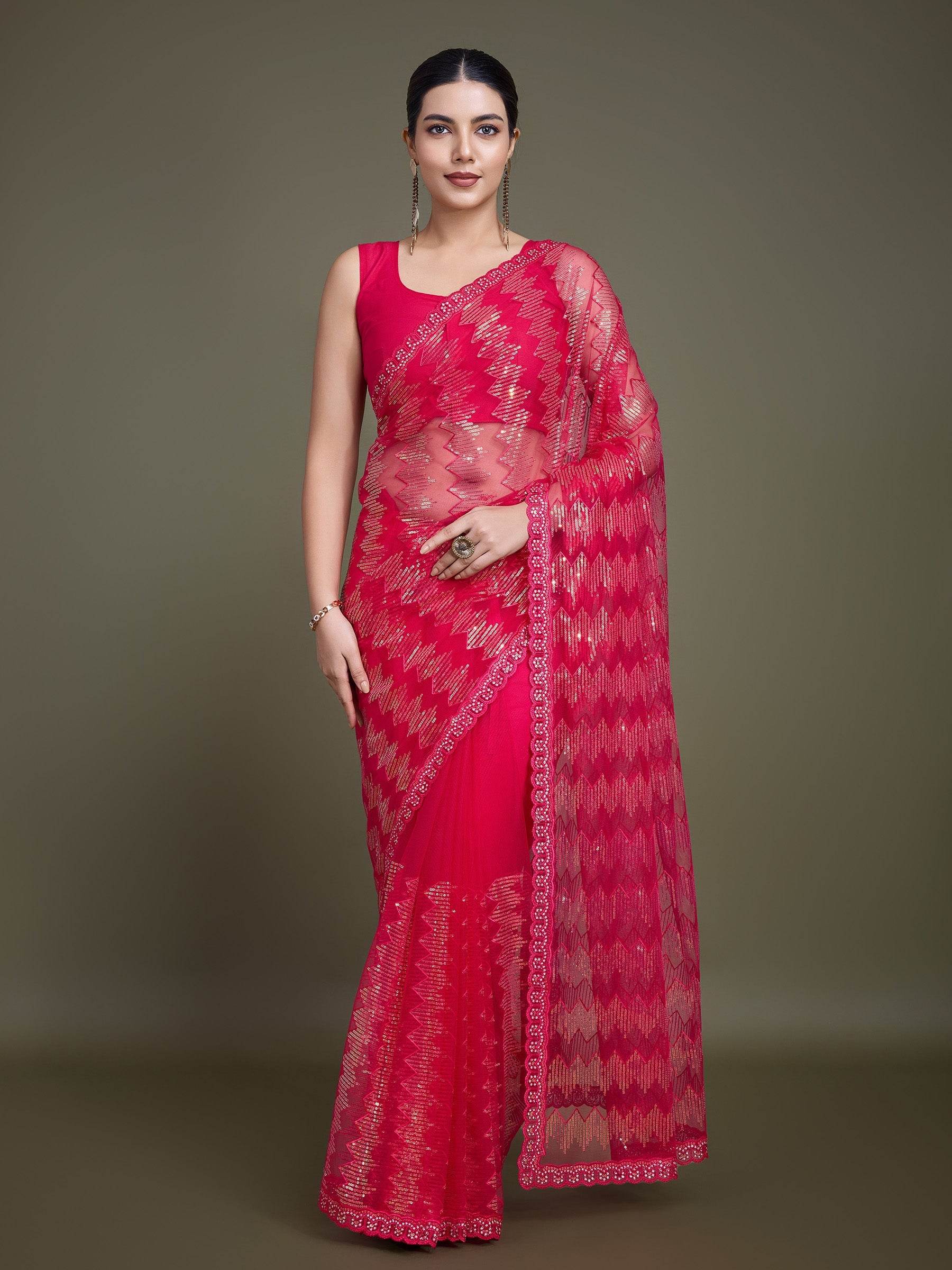 Dark Pink Net Sparkling Sequin Party Wear Saree - Monjolika Fashion