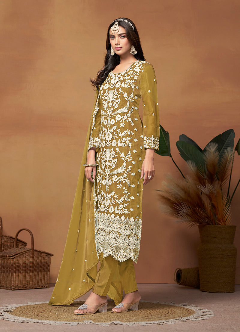 Olive Soft Organza Embroidered Straight Suit - Monjolika Fashion