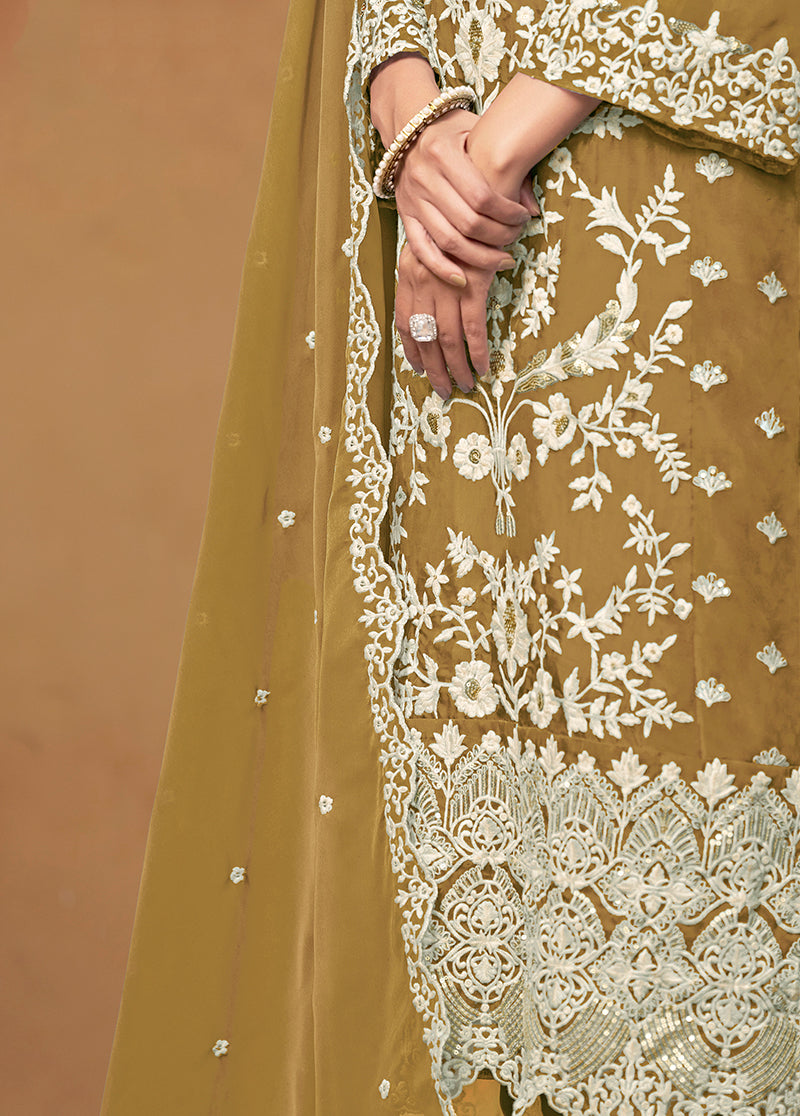 Olive Soft Organza Embroidered Straight Suit - Monjolika Fashion