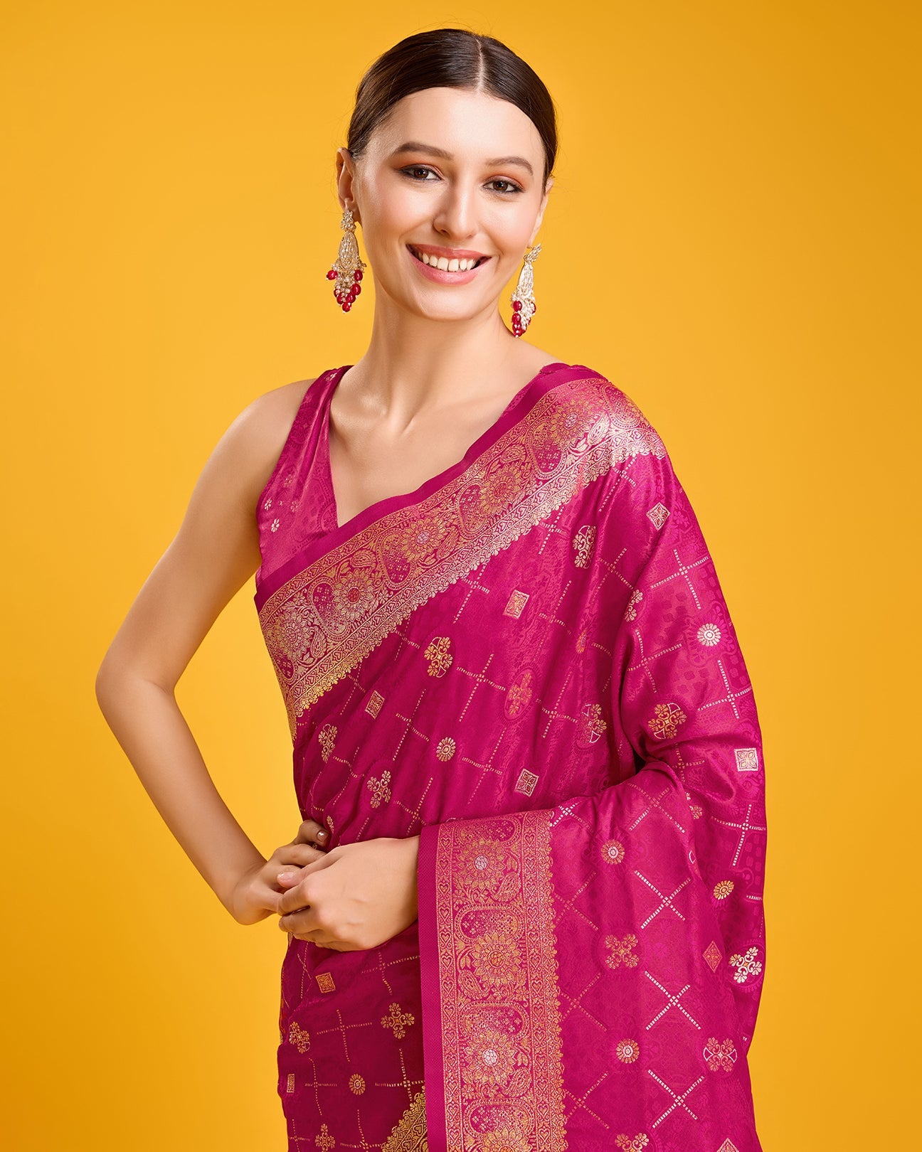 Magenta Banarasi Satin Silk Woven Stunning Saree - Monjolika Fashion