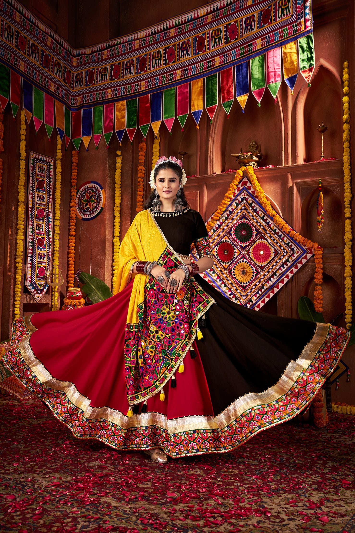 Multi Color Navratri Lehenga Choli in Viscose Cotton with Kutchi Mirror Work