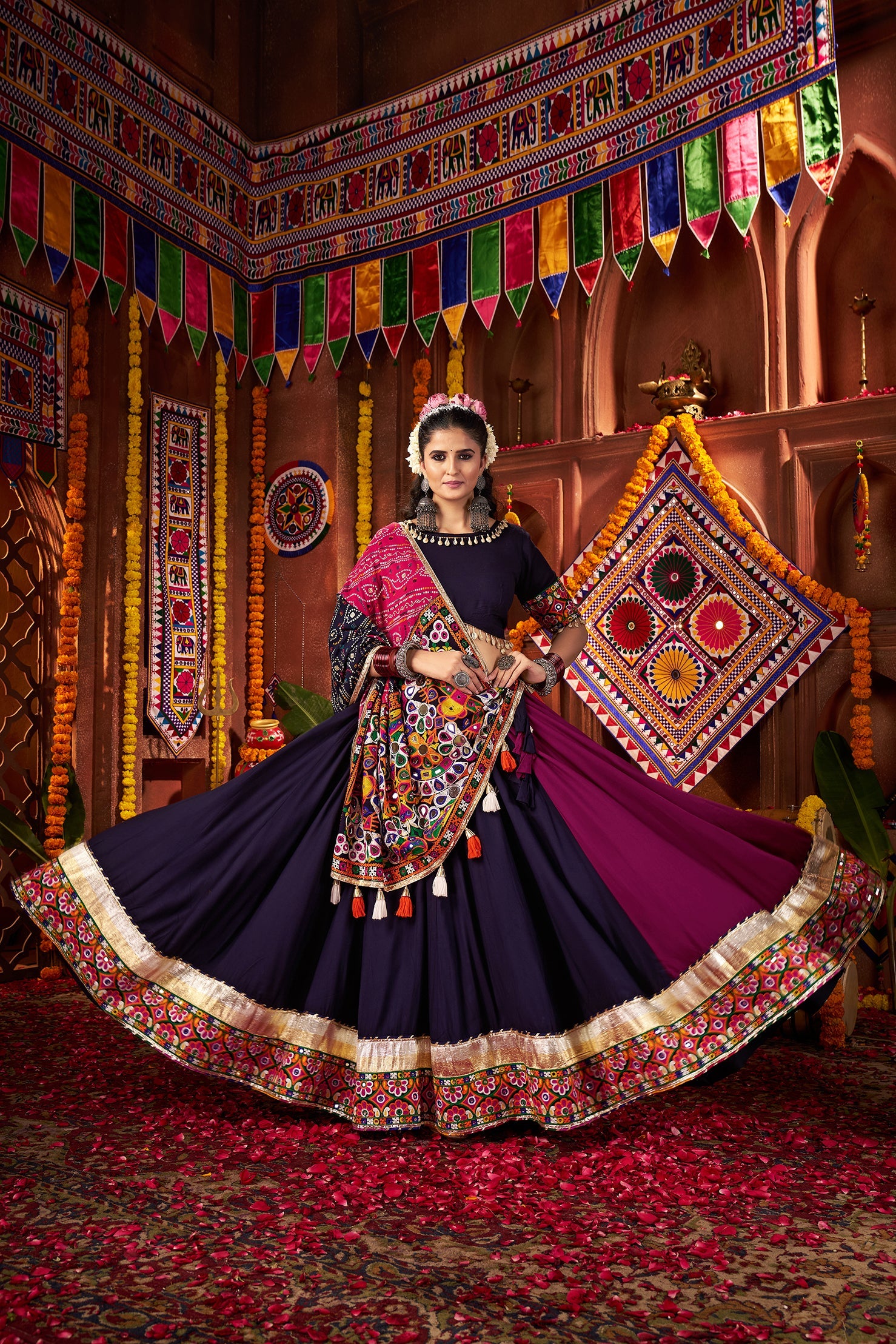 Multi Color Navratri Lehenga Choli in Viscose Cotton with Kutchi Mirror Work