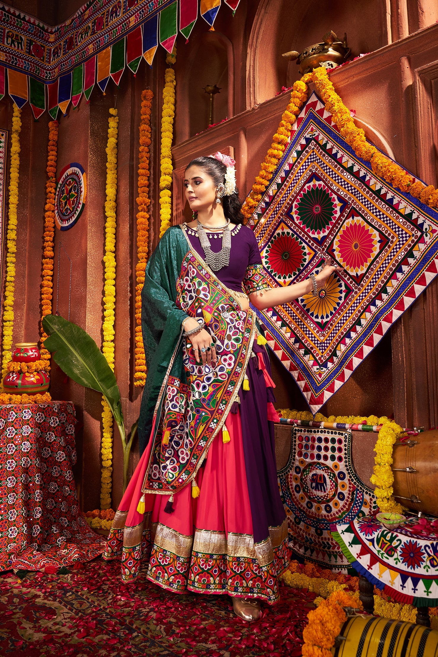 Multi Color Navratri Lehenga Choli in Viscose Cotton with Kutchi Mirror Work