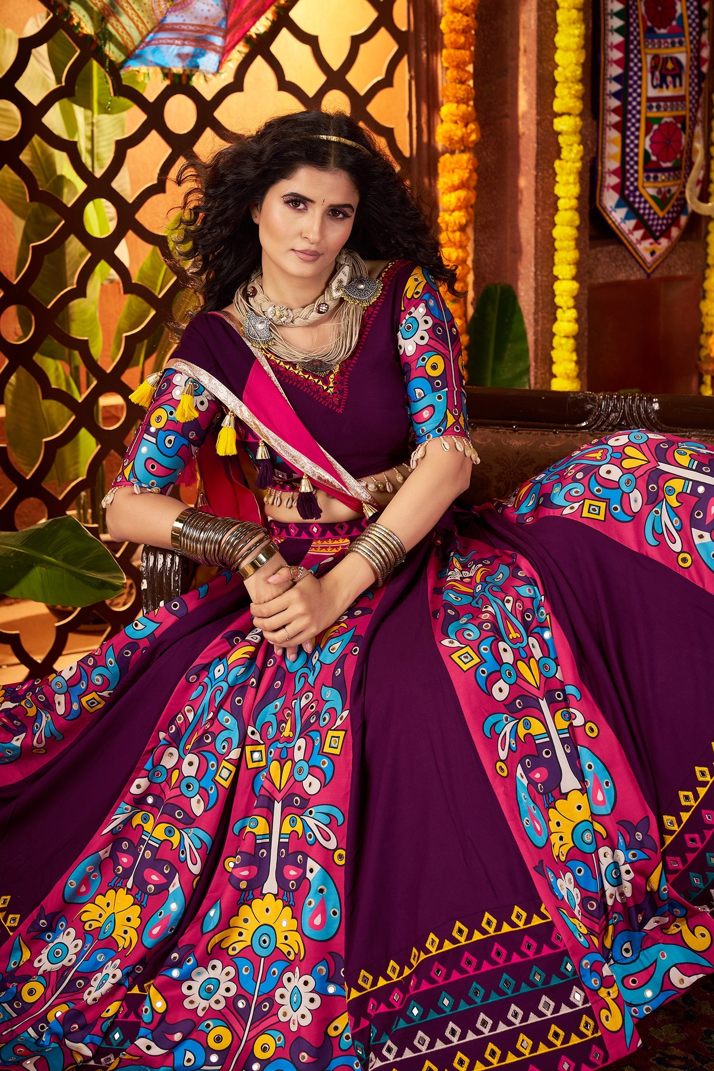 Purple Navratri Lehenga Choli in Viscose Cotton with Kutchi Mirror Work