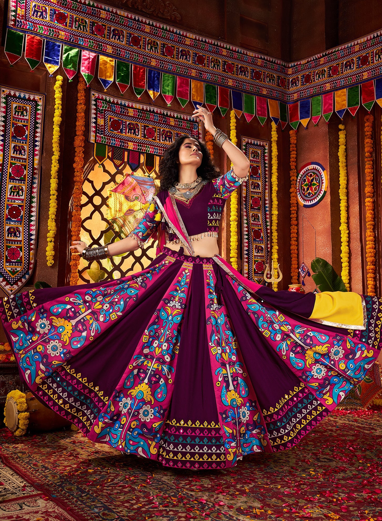 Purple Navratri Lehenga Choli in Viscose Cotton with Kutchi Mirror Work