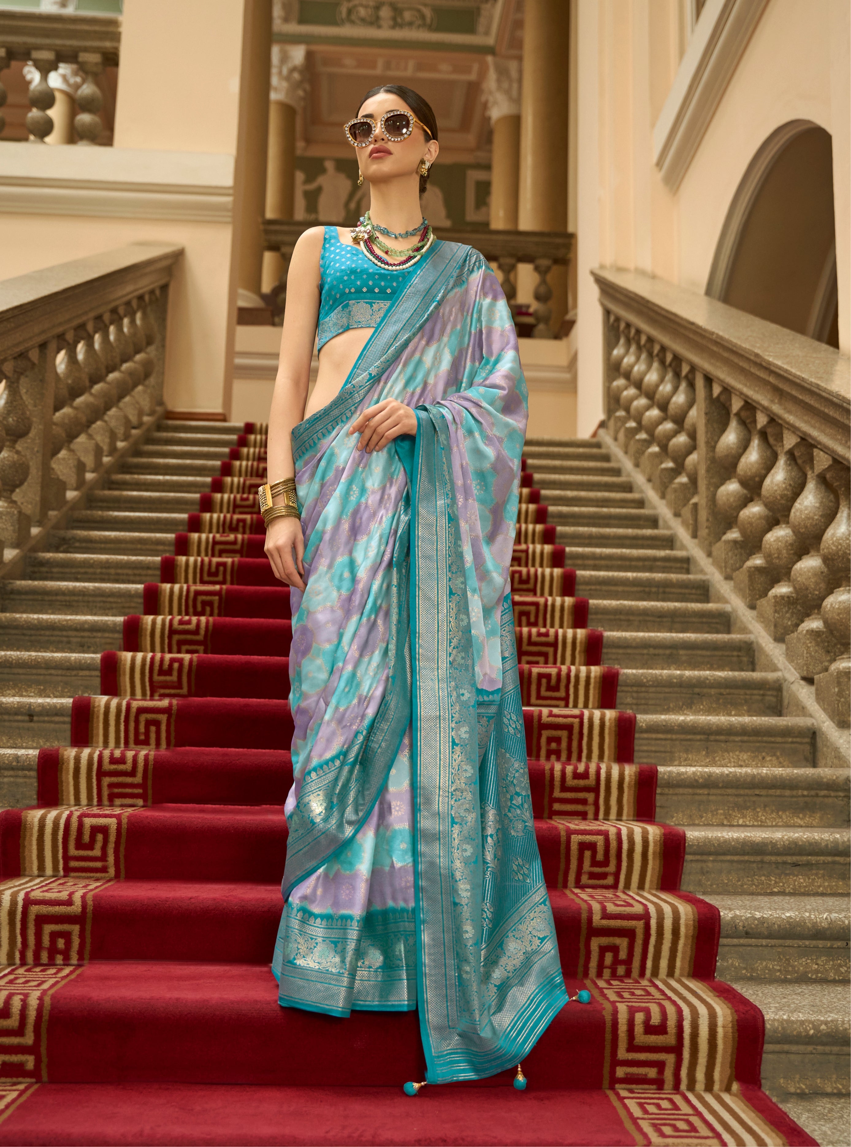 Multi Color Satin Weaving Print Classic Causal Saree