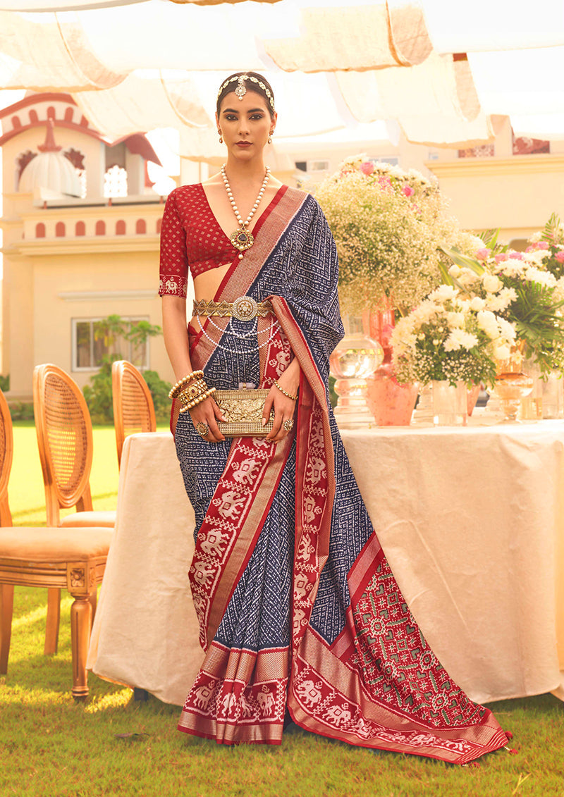Navy Blue Silk patola Print Work saree