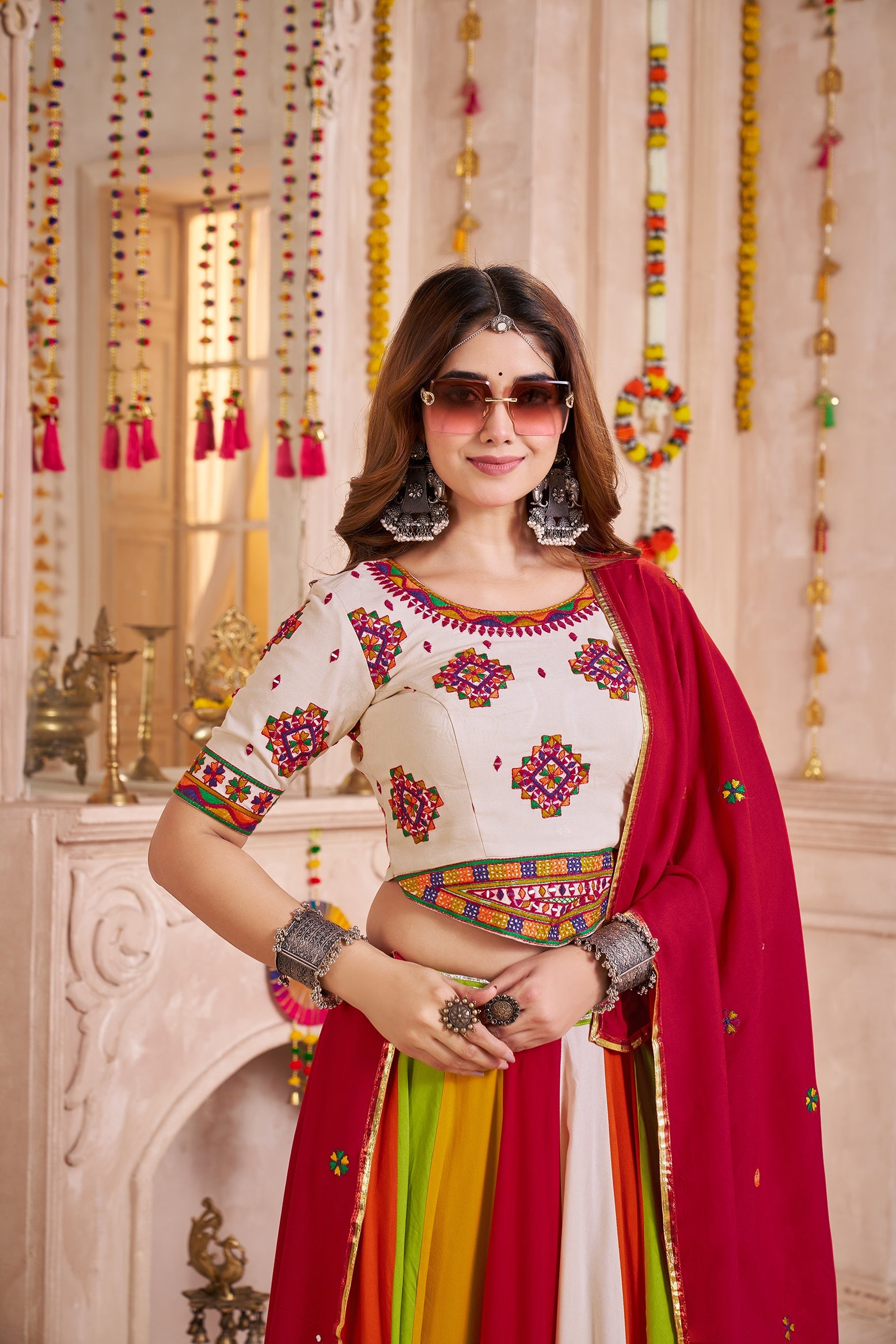 Multi Color Viscose Cotton Navratri Lehenga Choli With Kutchi And Mirror Work