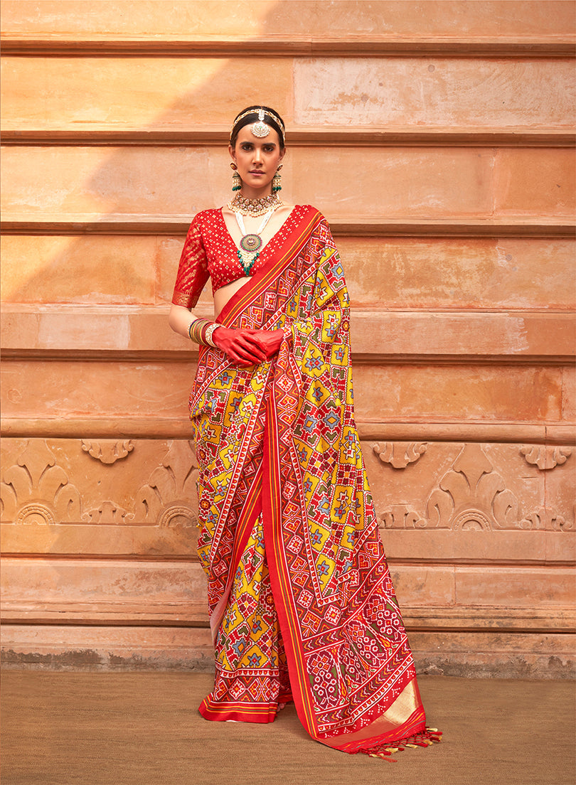 Yellow And Red Silk Patola Print Saree