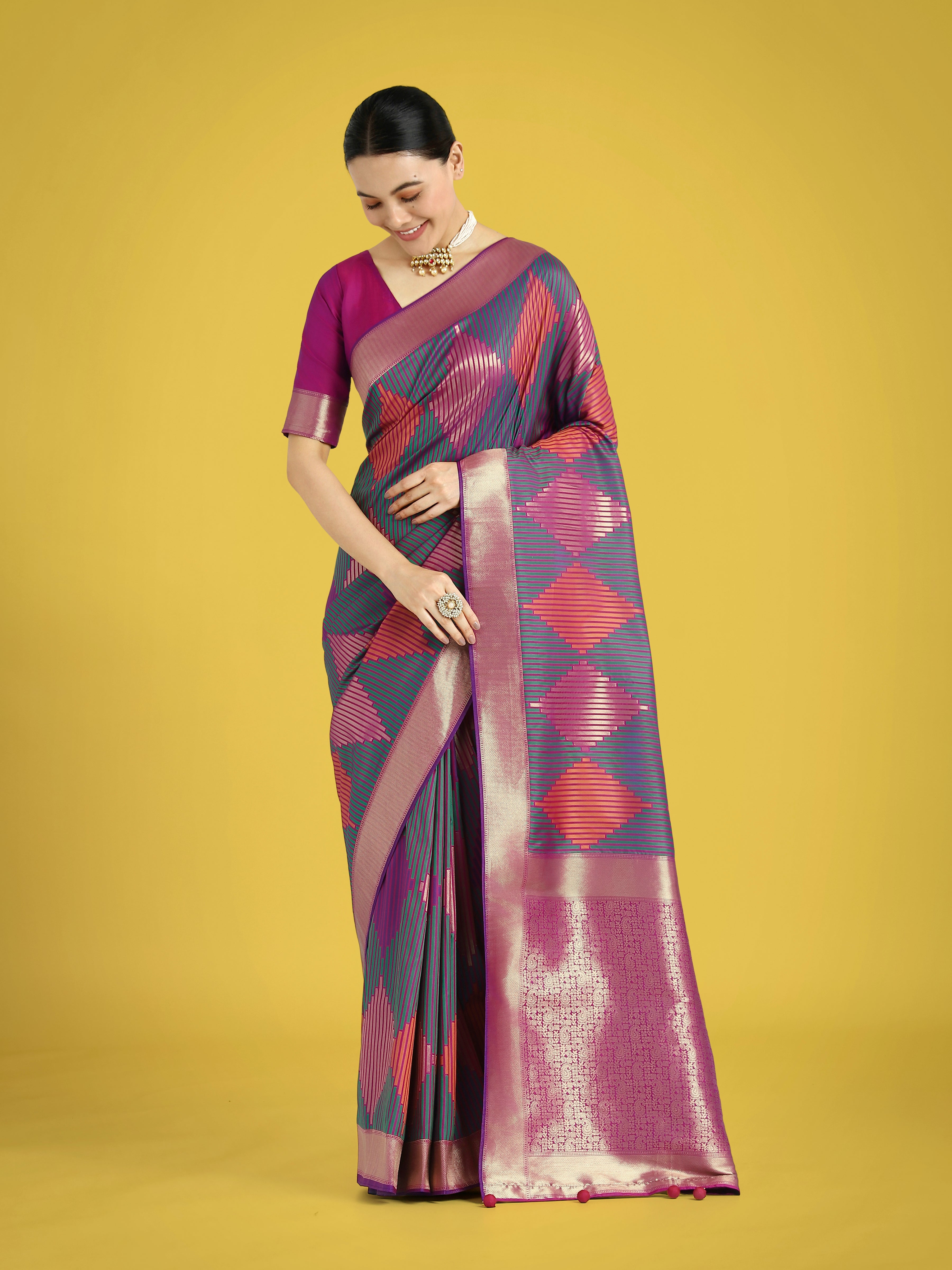 Multi Colour Banarasi Silk Zari Weaving Classic Saree