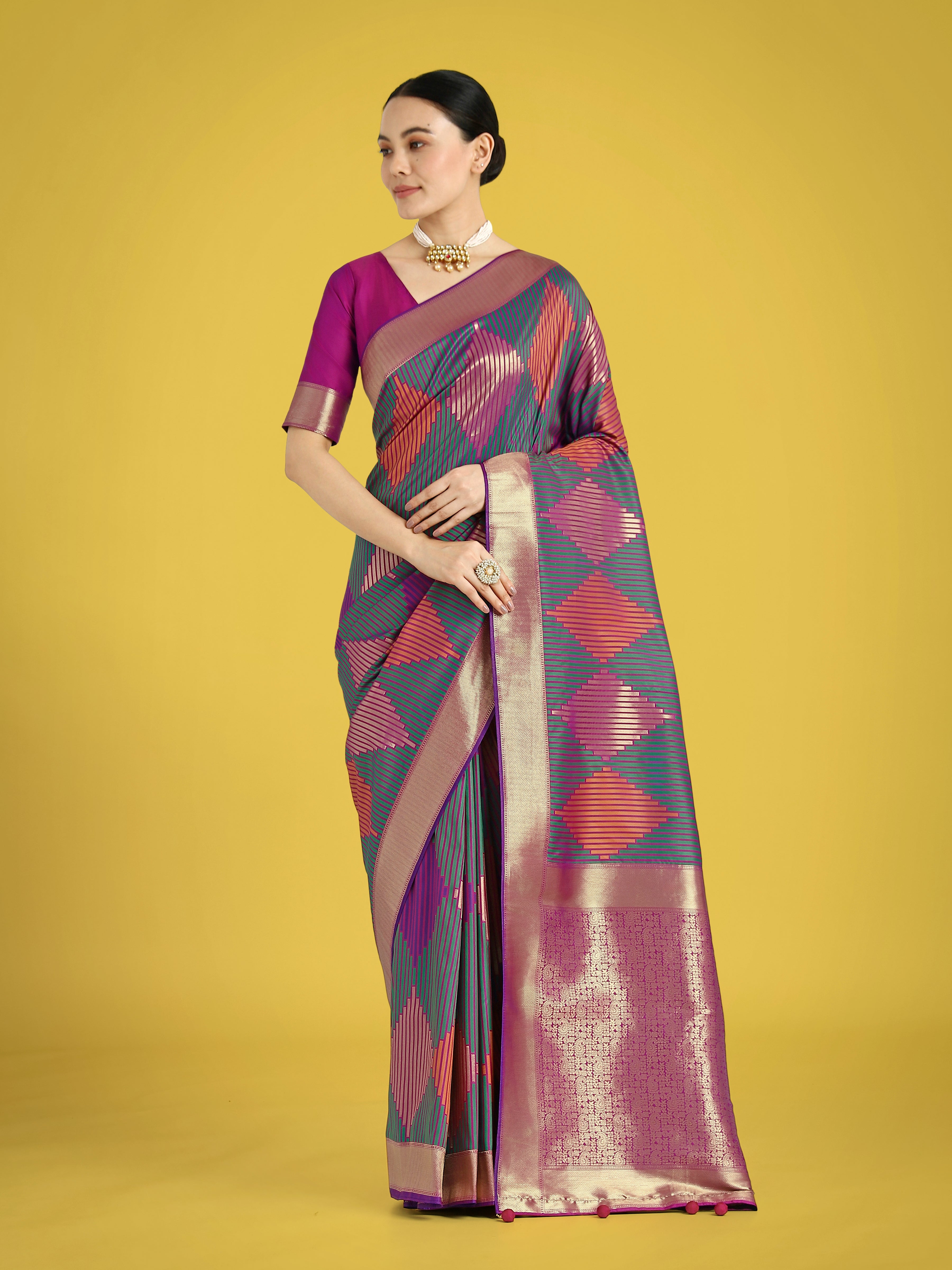 Multi Colour Banarasi Silk Zari Weaving Classic Saree