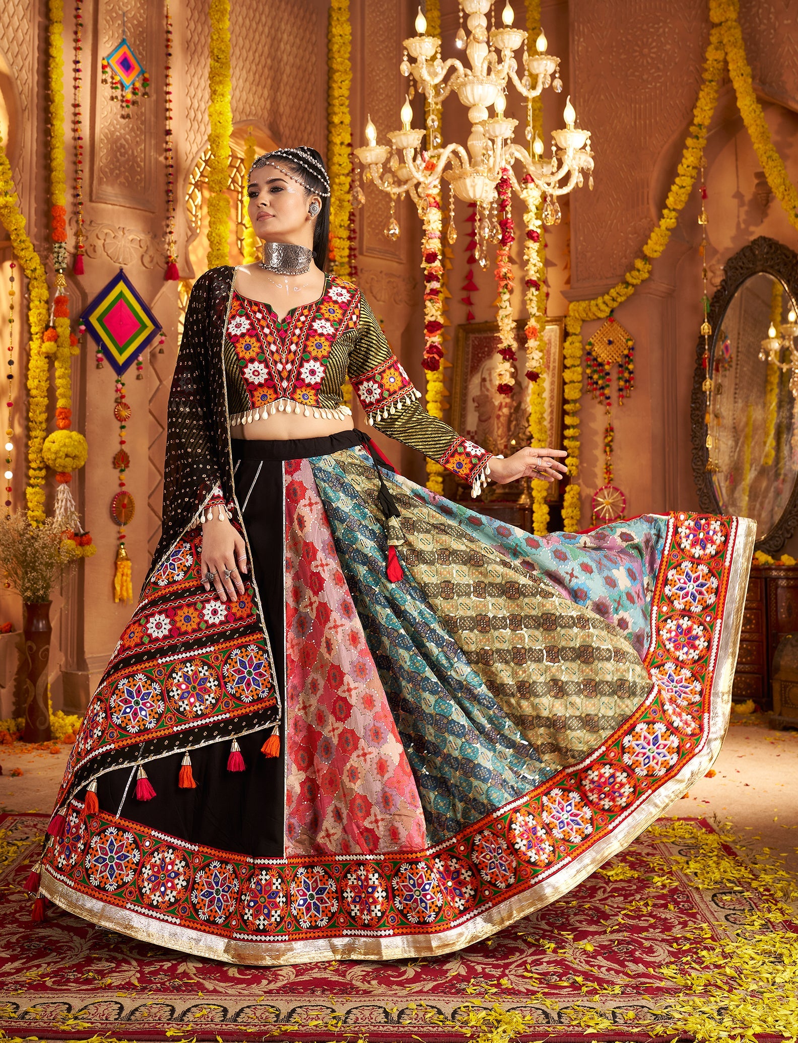 Multi Colour Embroidered Viscose Rayon Readymade Navratri Lehenga Choli