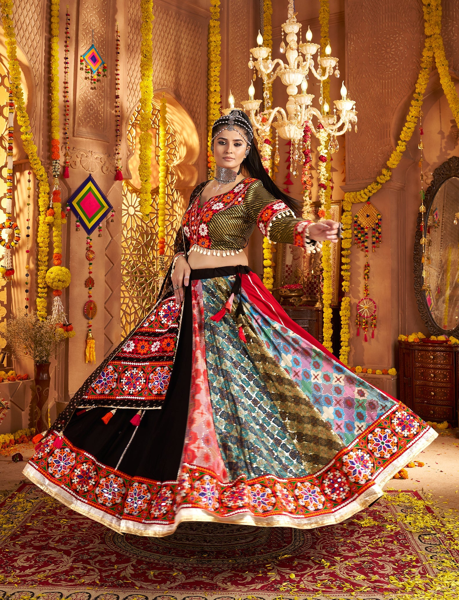 Multi Colour Embroidered Viscose Rayon Readymade Navratri Lehenga Choli