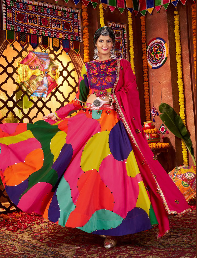 Multi Colour Printed Muslin Navratri Wear Lehenga Choli