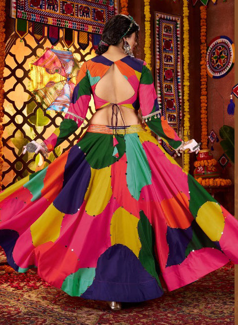 Multi Colour Printed Muslin Navratri Wear Lehenga Choli