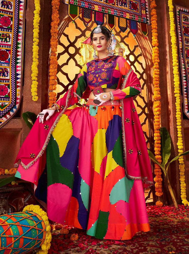 Multi Colour Printed Muslin Navratri Wear Lehenga Choli
