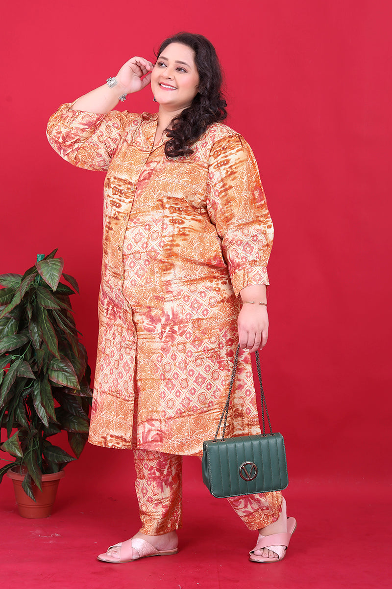 Orange Premium Vertical Floral Print Classic Co-ord Set