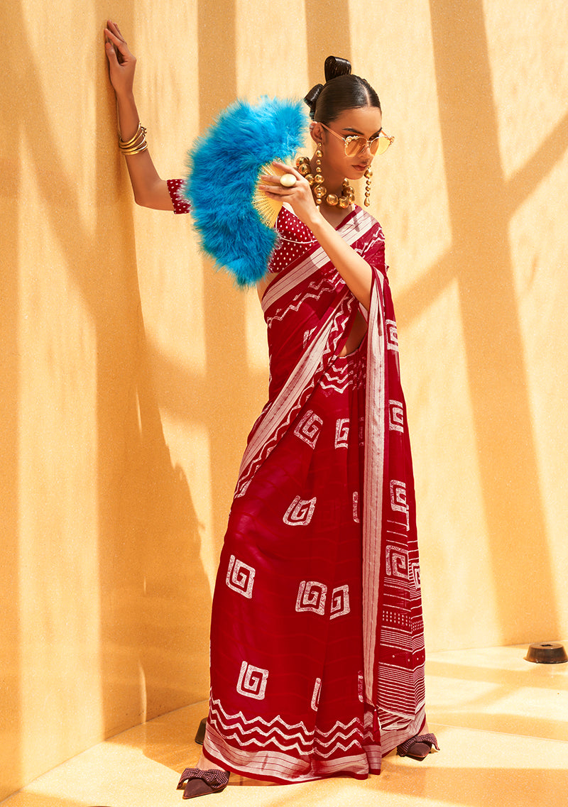 Maroon Georgette Foil Print Saree