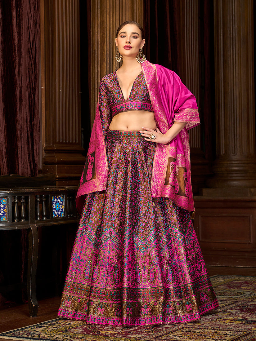 Multi Colour Trendy Kanjivaram Jacquard Woven Work Lehenga choli