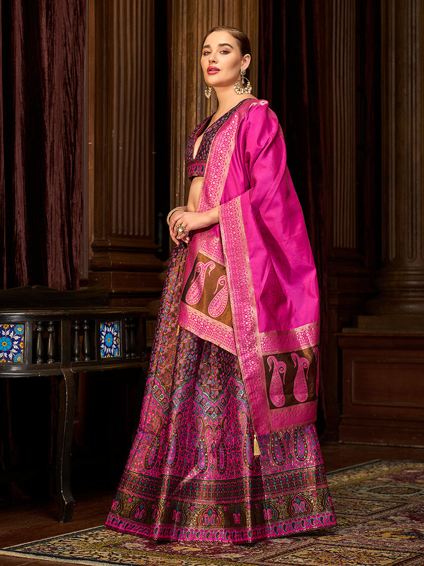 Multi Colour Trendy Kanjivaram Jacquard Woven Work Lehenga choli