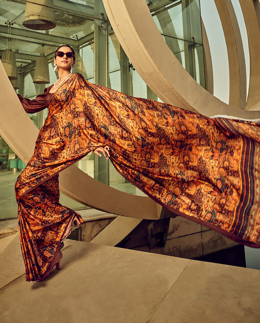 Multi Digital Print Satin Silk Cocktail Saree
