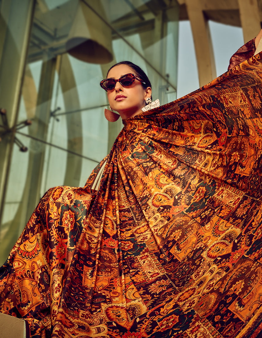 Multi Digital Print Satin Silk Cocktail Saree