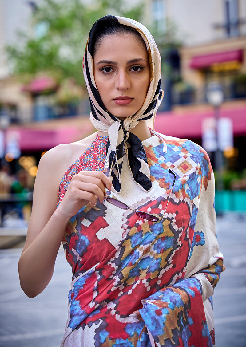 Off-White Printed Satin Crepe Saree for Evening Glam