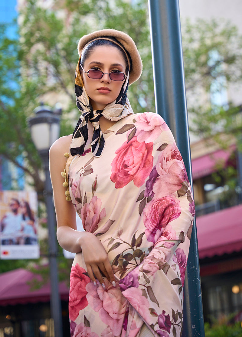 Beige Printed Satin Crepe Saree for Evening Glam