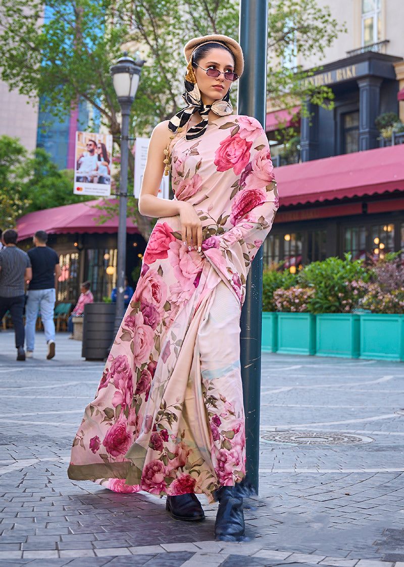 Beige Printed Satin Crepe Saree for Evening Glam