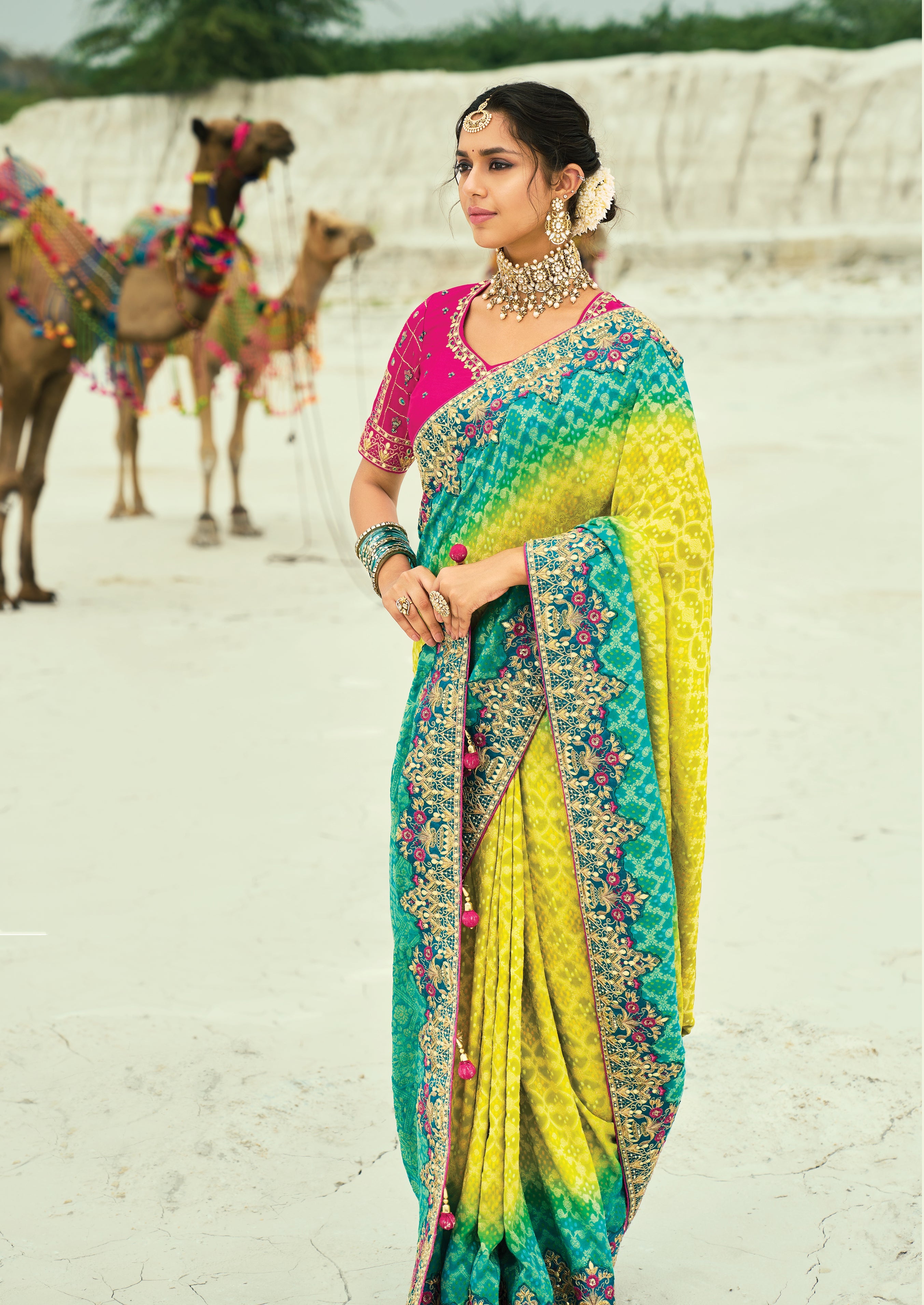 Multicolor Embroidered Georgette Bandhej Designer Saree