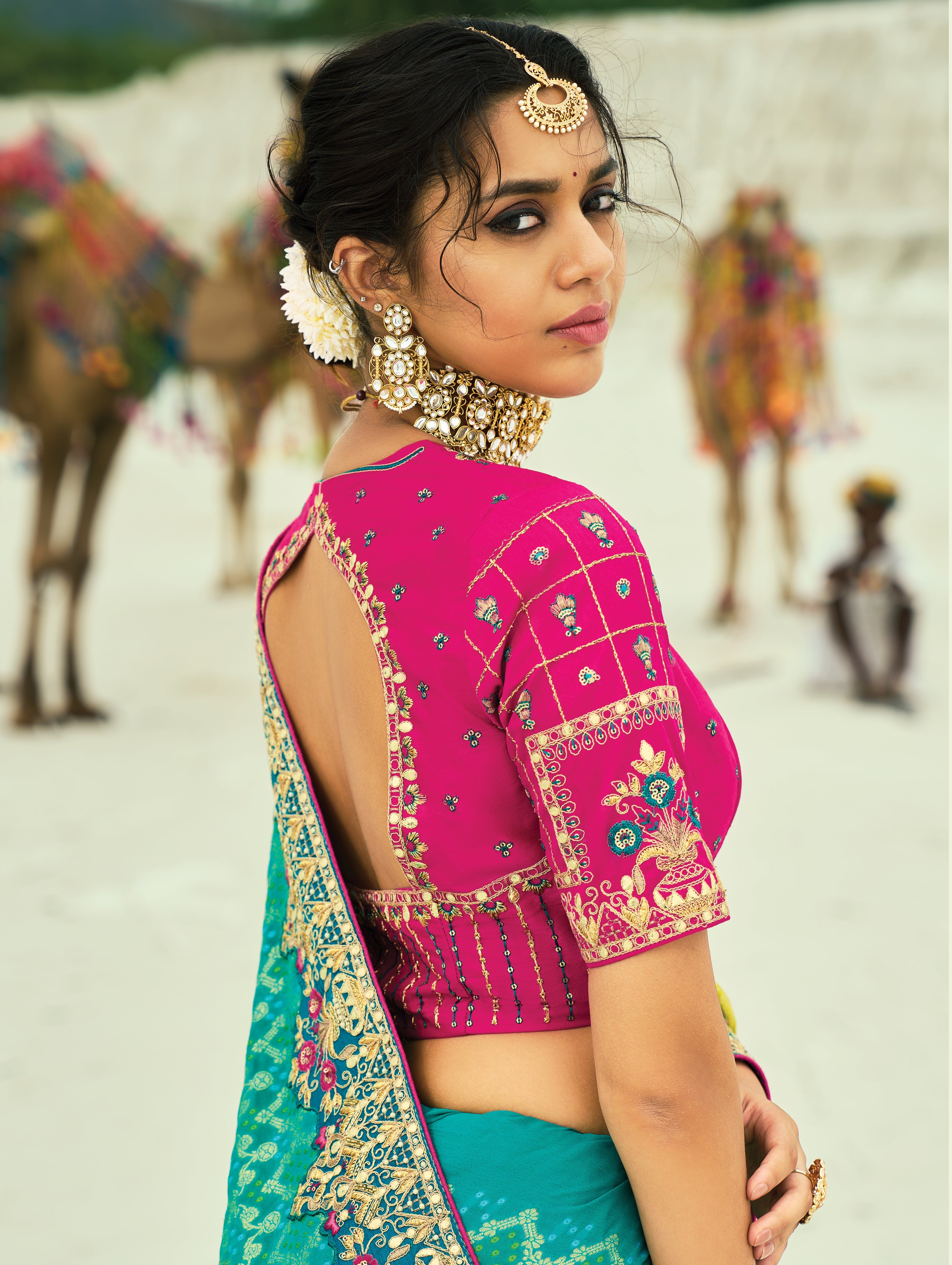 Multicolor Embroidered Georgette Bandhej Designer Saree