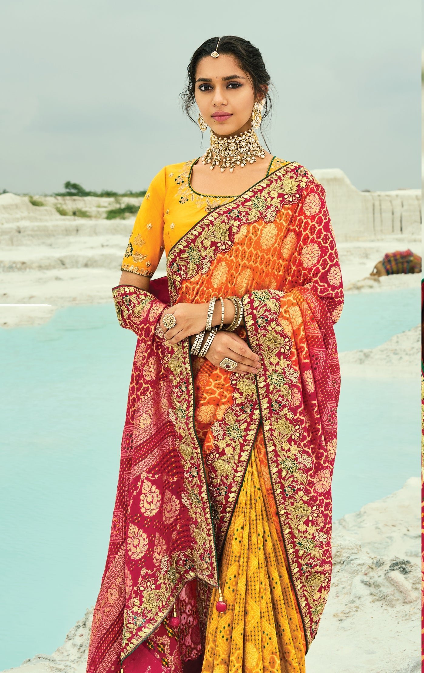 Multicolor Embroidered Georgette Bandhej Designer Saree