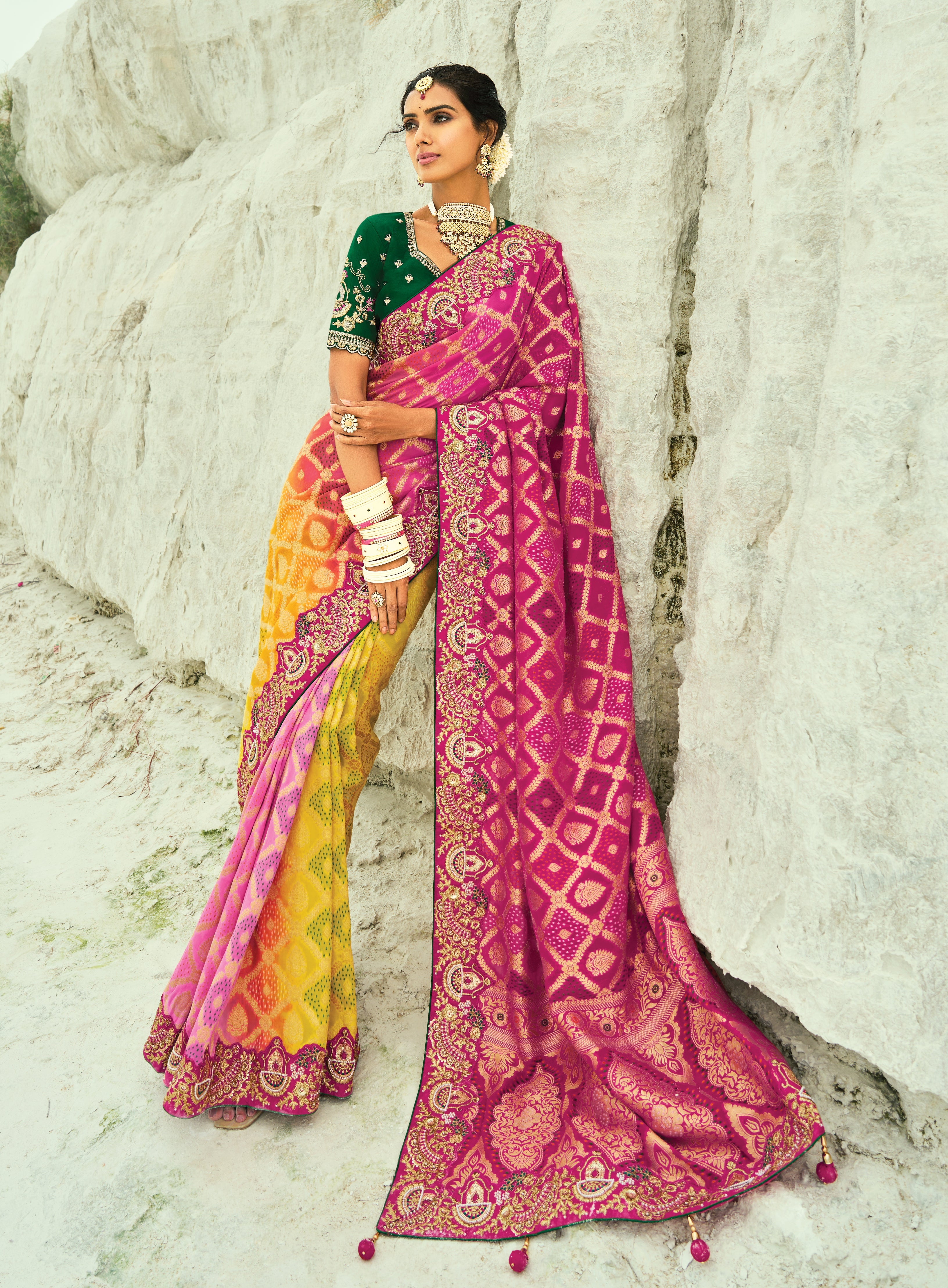 Multicolor Embroidered Georgette Bandhej Designer Saree