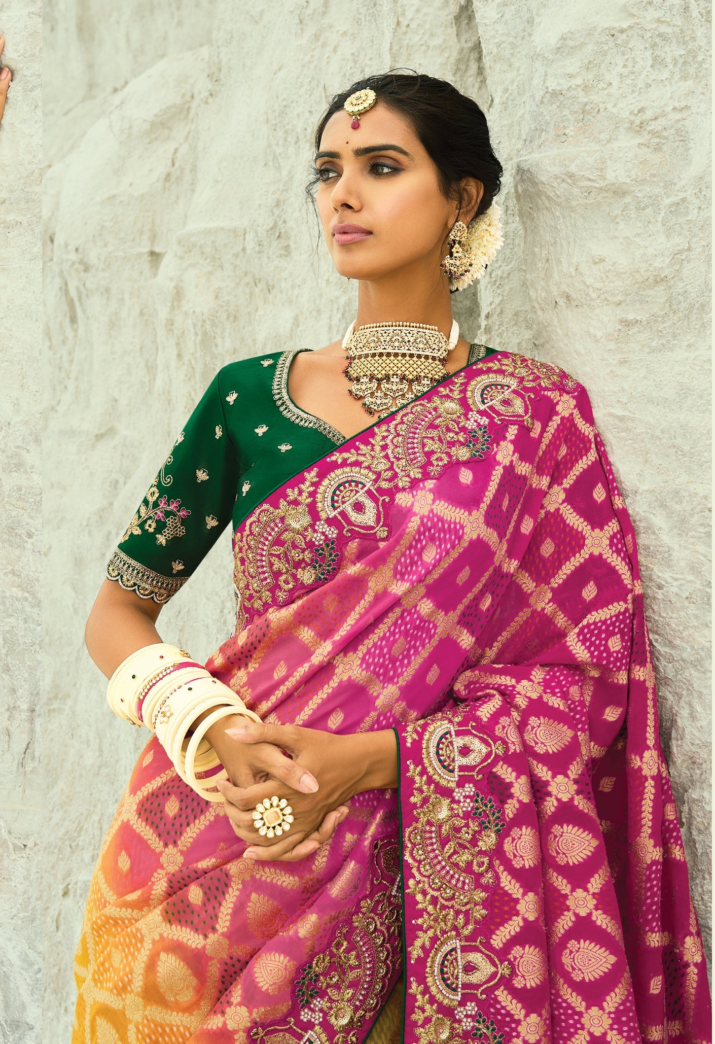 Multicolor Embroidered Georgette Bandhej Designer Saree