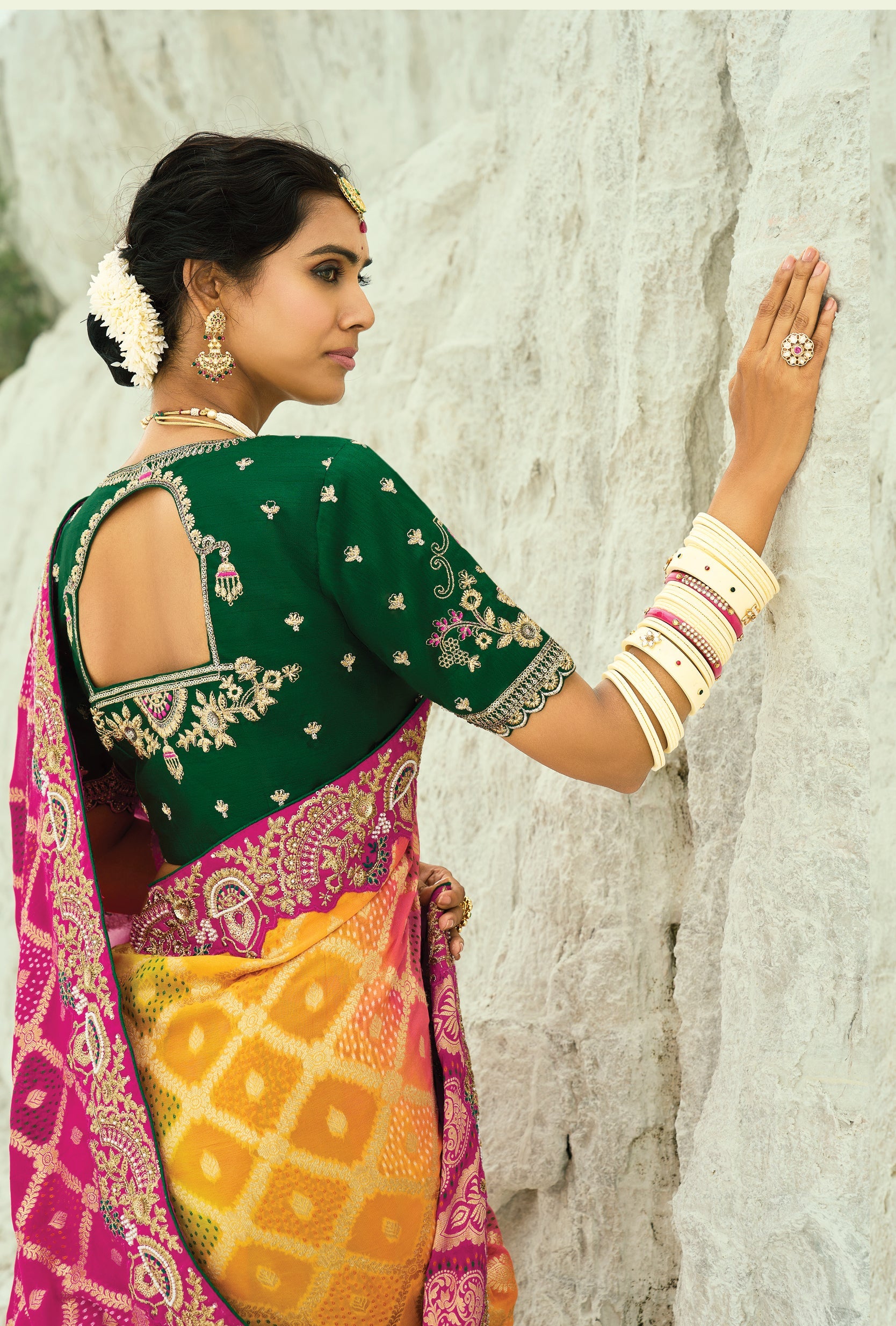 Multicolor Embroidered Georgette Bandhej Designer Saree