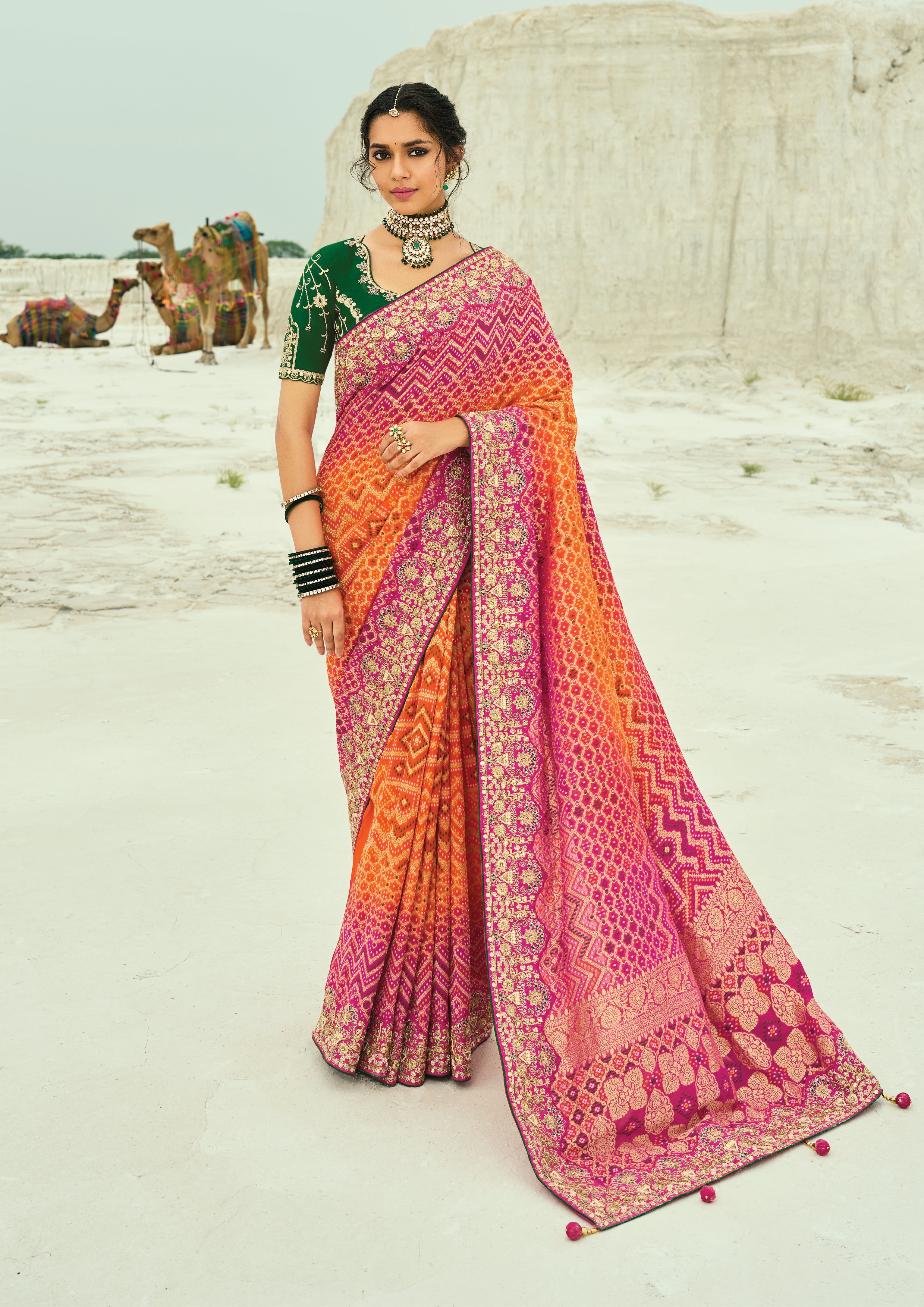 Multicolor Embroidered Georgette Bandhej Designer Saree