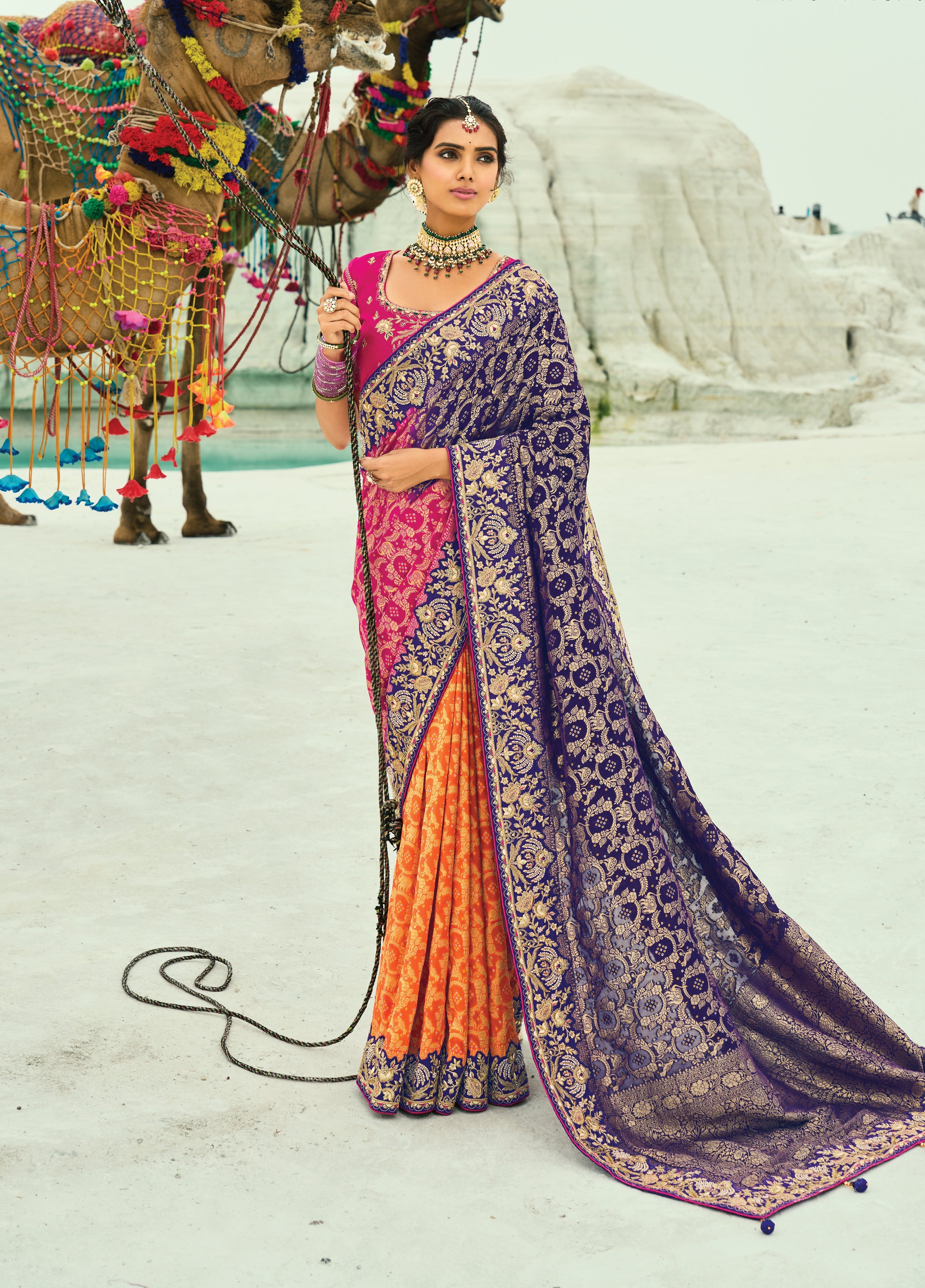 Multicolor Embroidered Georgette Bandhej Designer Saree