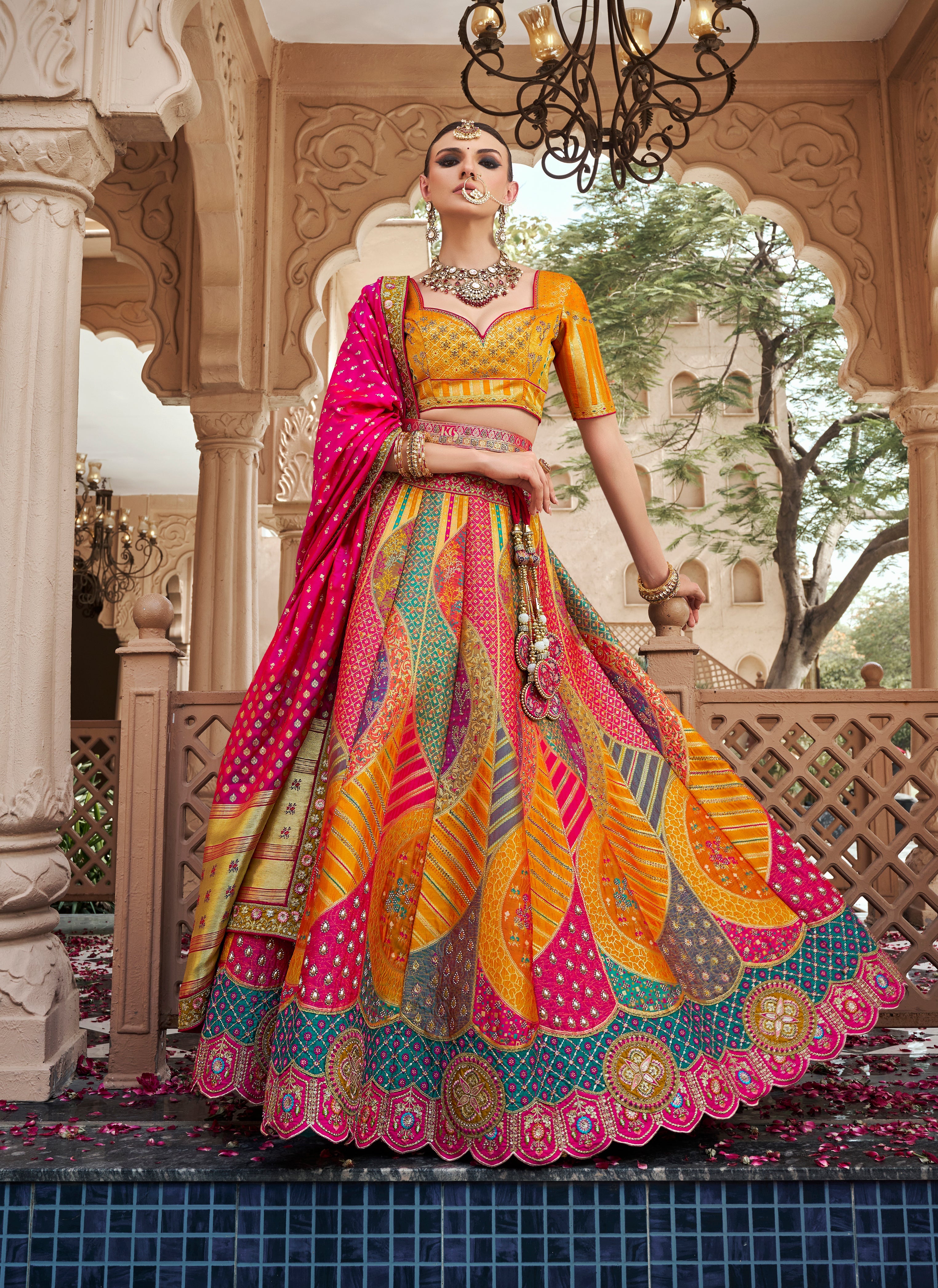 Multicolor Premium Banarasi Silk with Zarkan & Cutwork Wedding Wear Lehenga