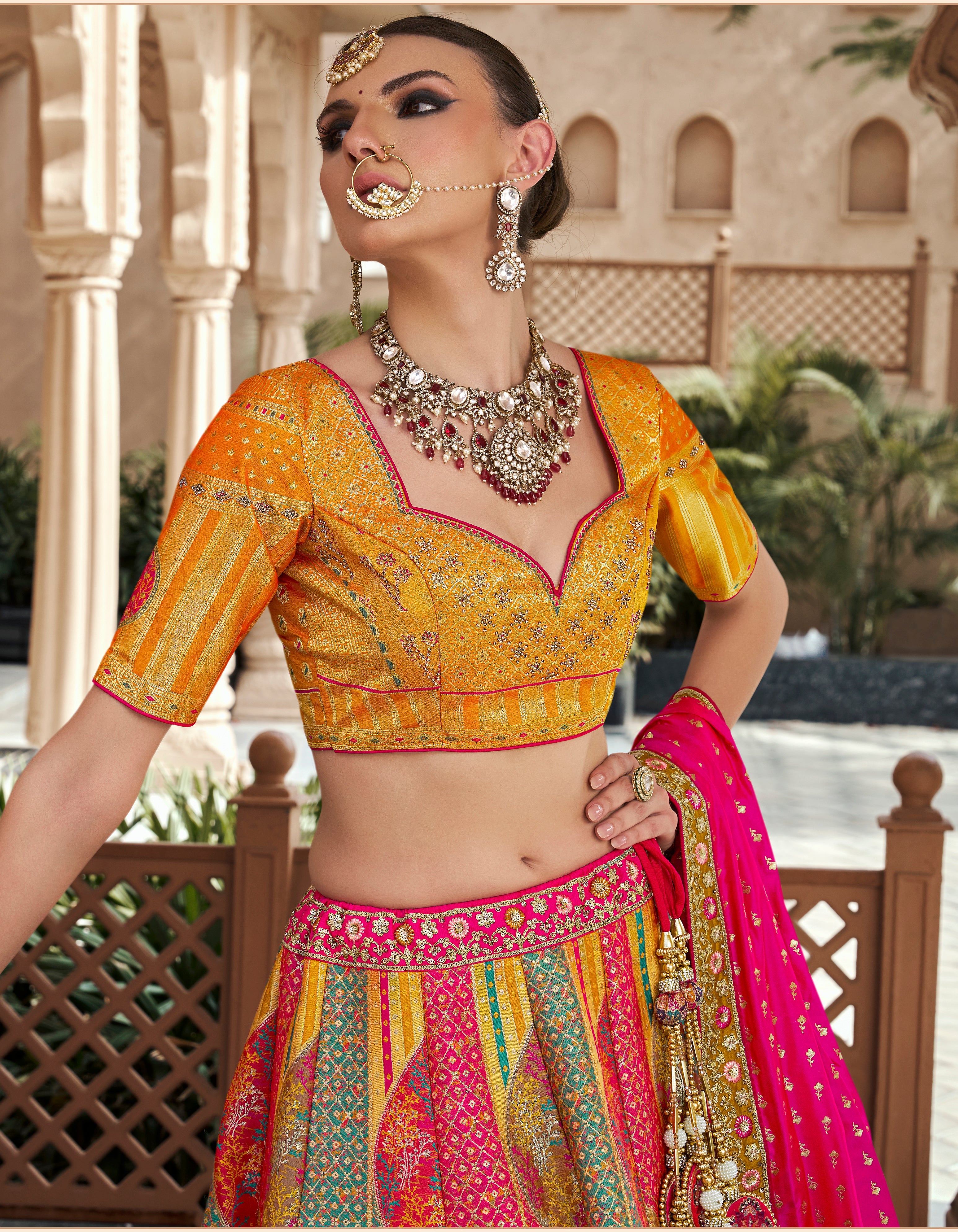 Multicolor Premium Banarasi Silk with Zarkan & Cutwork Wedding Wear Lehenga