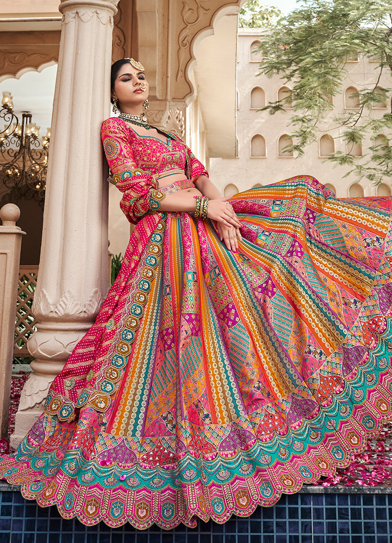 Multicolor & Pink Premium Banarasi Silk with Zarkan & Cutwork Wedding Wear Lehenga